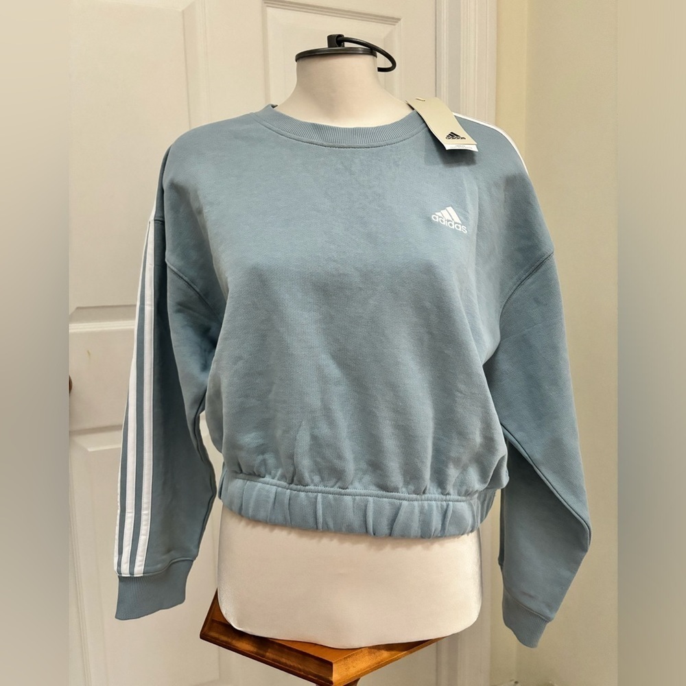 NWT - Adidas light blue crop sweater with white stripes